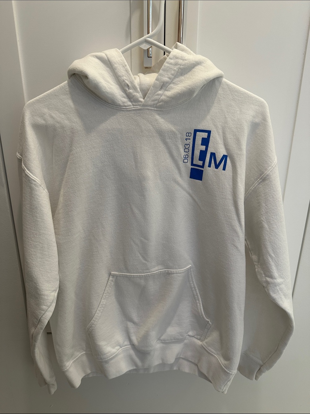 Gildan White Hoodie with Blue EM Graphic